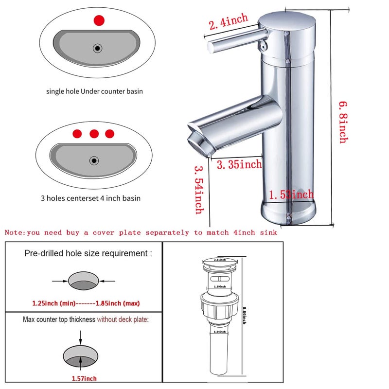 GGStudy Bathroom Faucet Chrome GGStudy Single Handle 1 Hole Faucets Stainless Steel Bathroom Vanity Faucet Matching Pop Up Drain with Overflow - Image 2